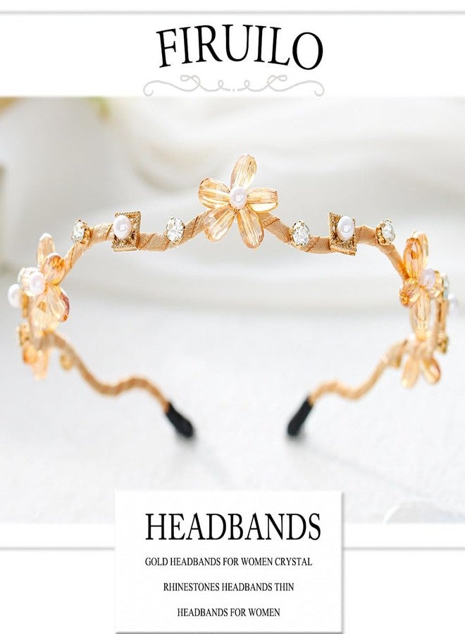Firuilo Gold Rhinestones Headbands Crystal Pearl Flower Hair Bands Wave Thin Beaded Headbands Bride Weeding Hair Hoop for Women(Gold) - Image 2